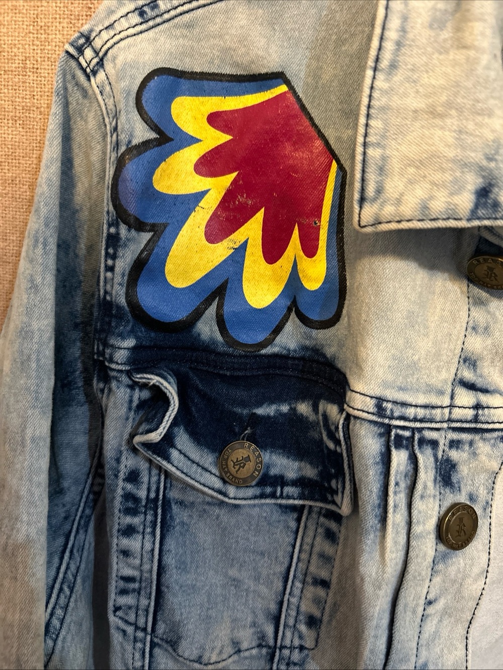 REASON Light Wash Denim Jacket with Multicolor Patches - Picture 2 of 10